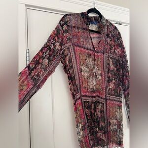 Boho Floral Patchwork Long-Sleeve Tunic Top - Pink Multi